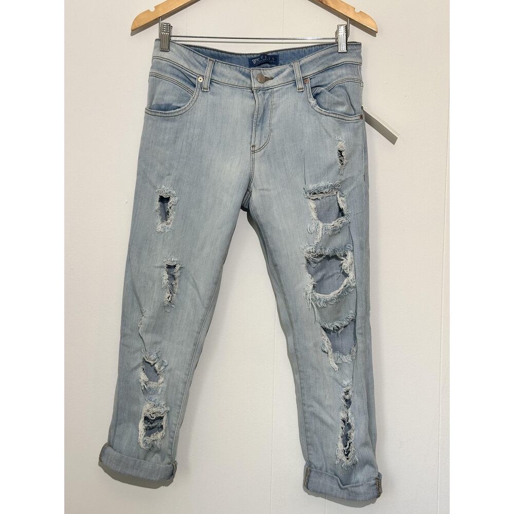 Guess Boyfriend Jeans Womens small 26 Blue Light Wash Distressed Cuffed Mid Rise